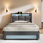 Upholstered Bed 90x200cm Single USB LED Slatted Base, Linen Fabric