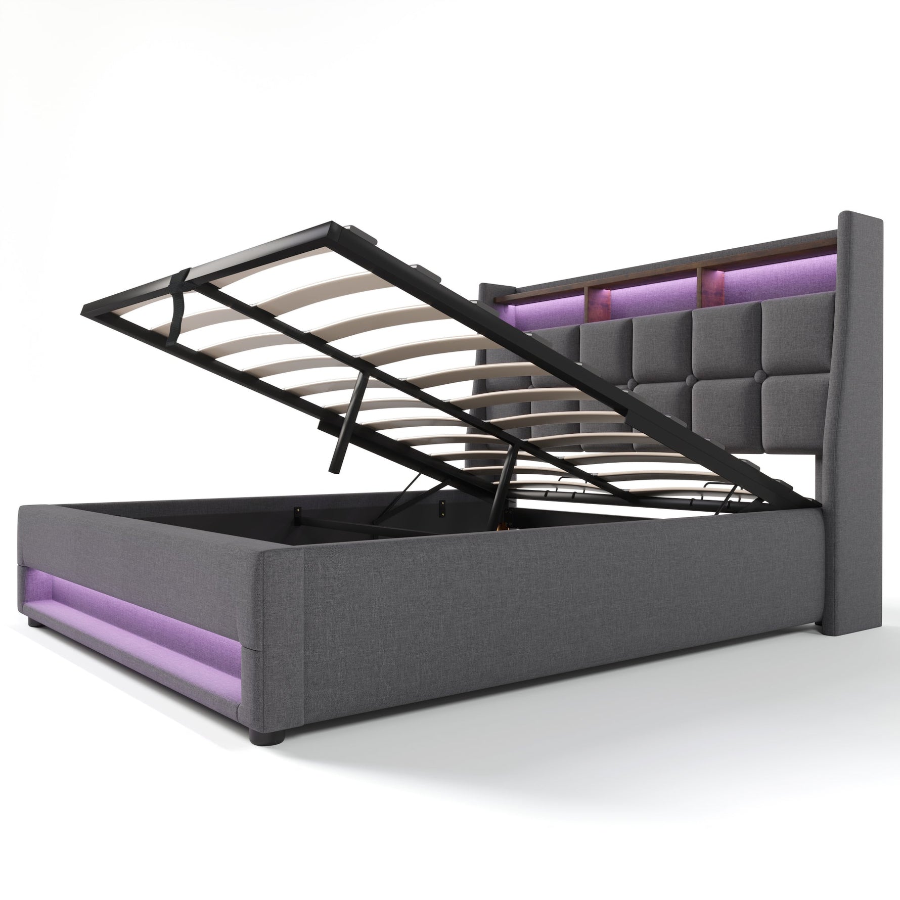 Upholstered Bed, USB LED, Metal Frame, Linen