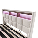 Upholstered Bed 160x200cm LED Double Bed with USB, Metal Frame, Linen Material