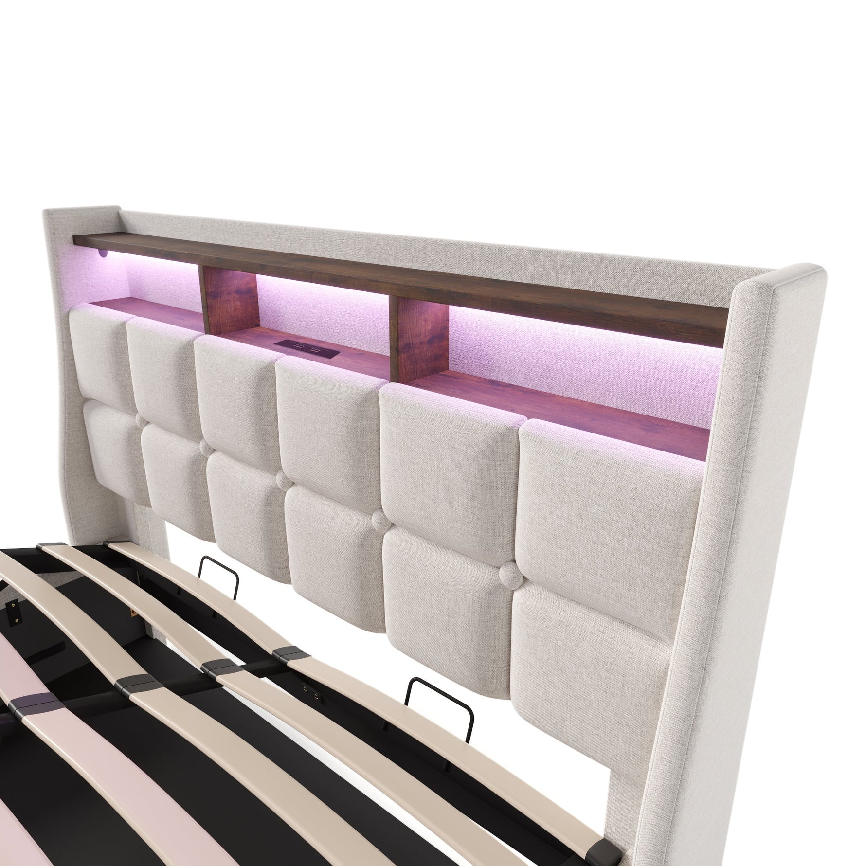 Upholstered Bed 160x200cm LED Double Bed with USB, Metal Frame, Linen Material