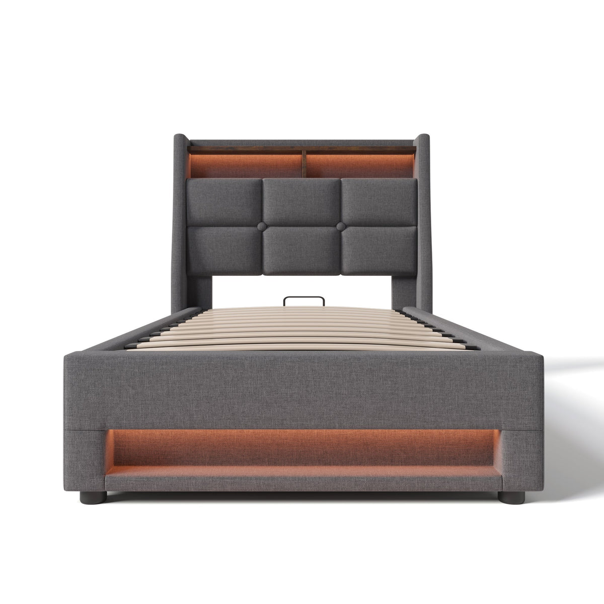 Upholstered Bed 90x200cm Single USB LED Slatted Base, Linen Fabric