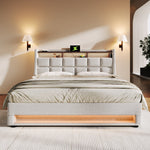 Upholstered Bed 160x200cm LED Double Bed with USB, Metal Frame, Linen Material