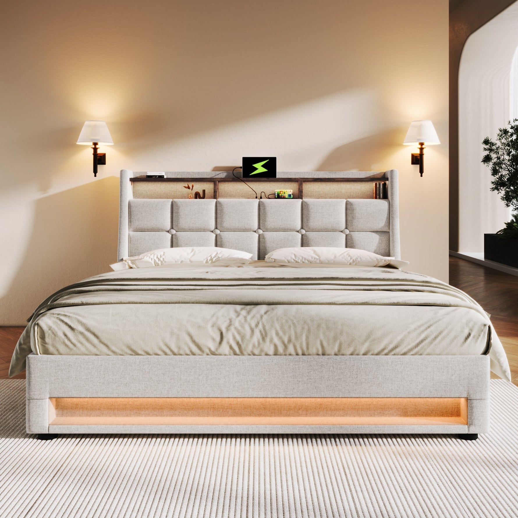 Upholstered Bed 160x200cm LED Double Bed with USB, Metal Frame, Linen Material