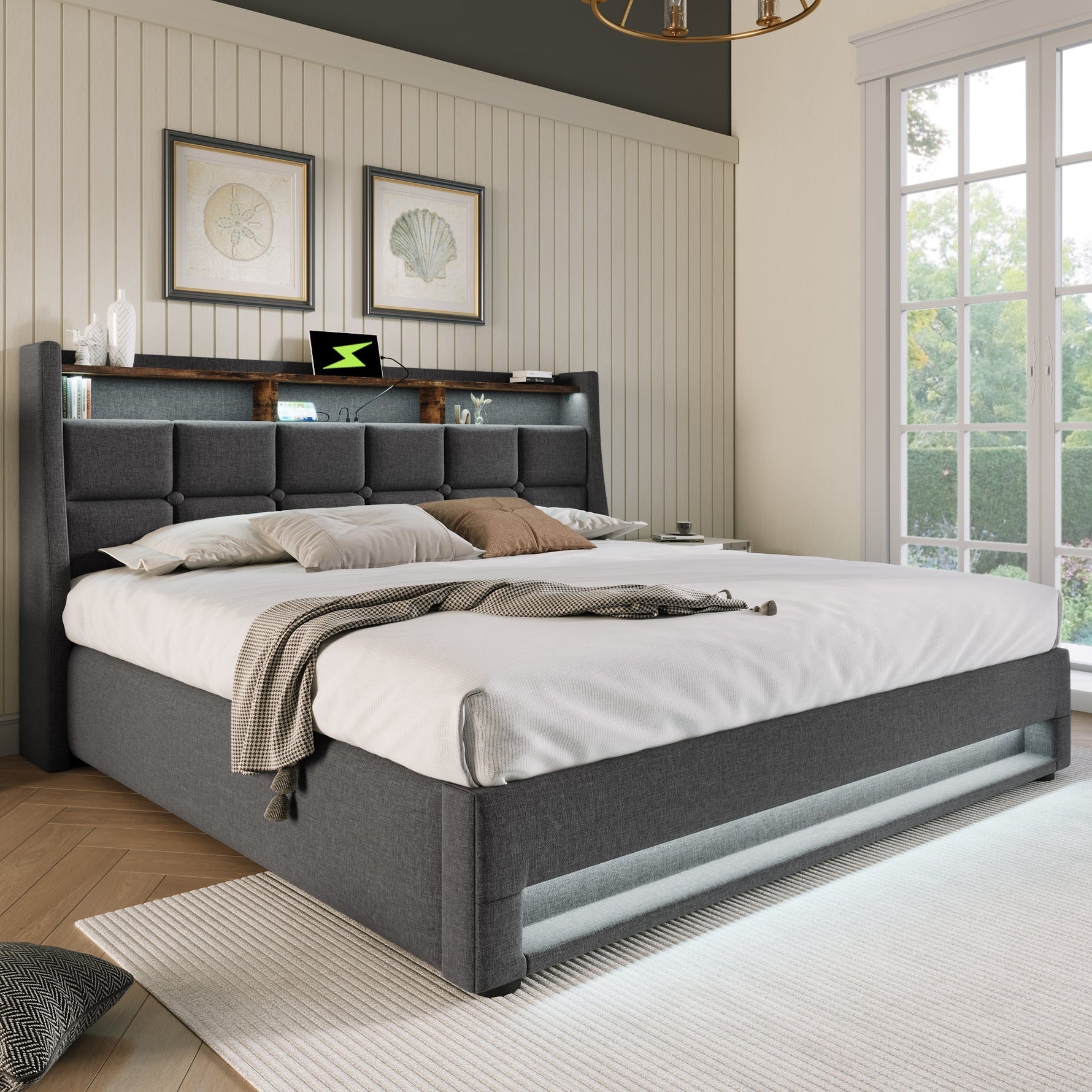 Upholstered Bed, USB LED, Metal Frame, Linen