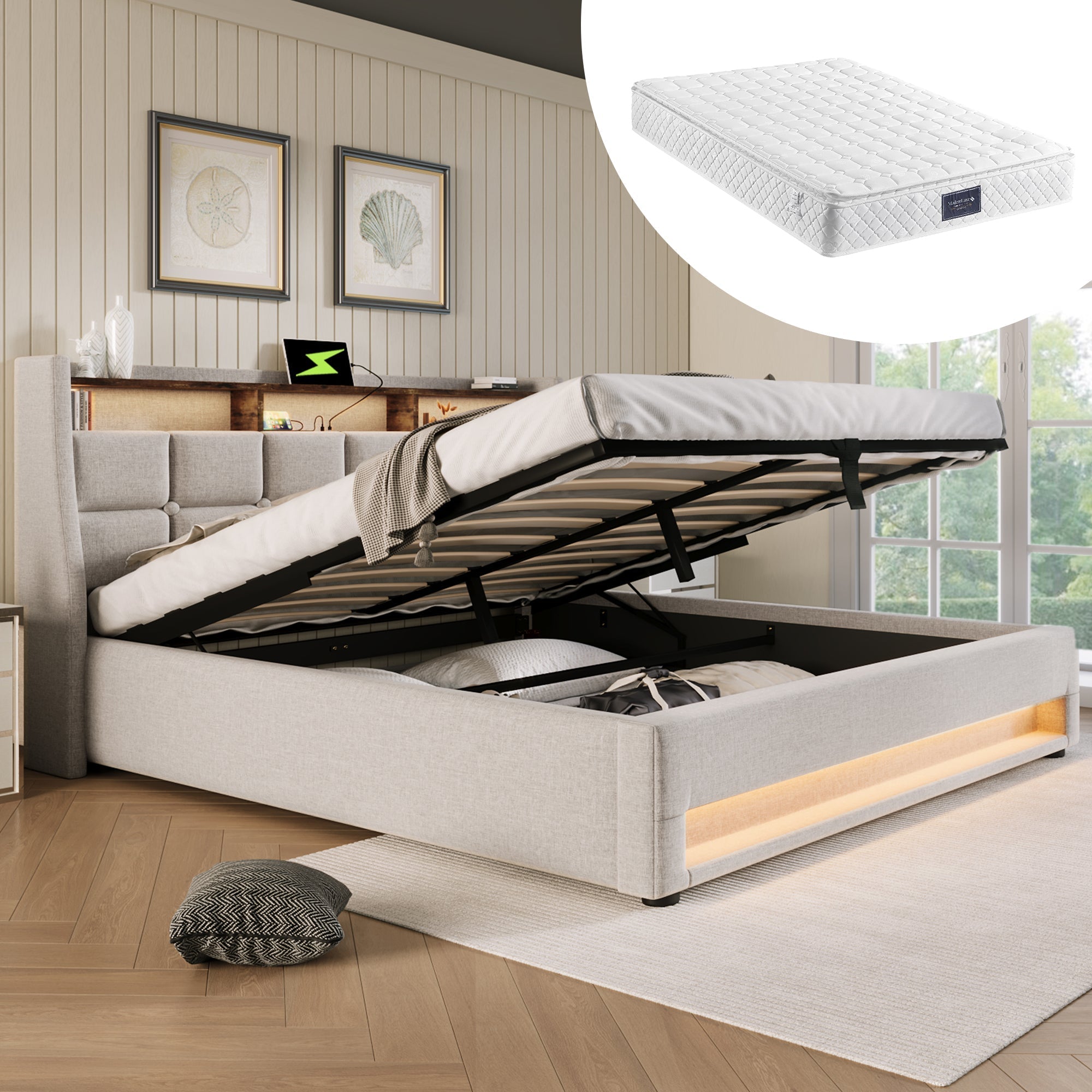 Upholstered Bed, 160x200cm LED Double with Metal Slatted Frame, Linen
