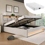Upholstered Bed with USB LED Metal Slatted Base, Linen Material (With Mattress)