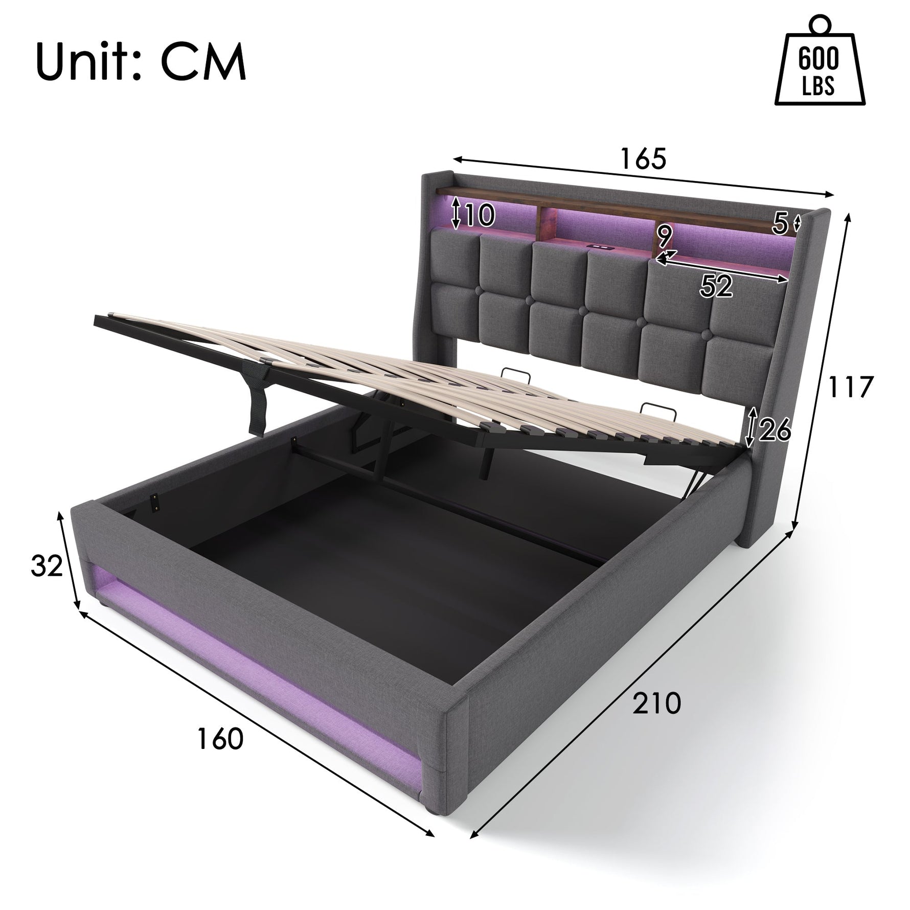 Upholstered Bed, USB LED, Metal Frame, Linen