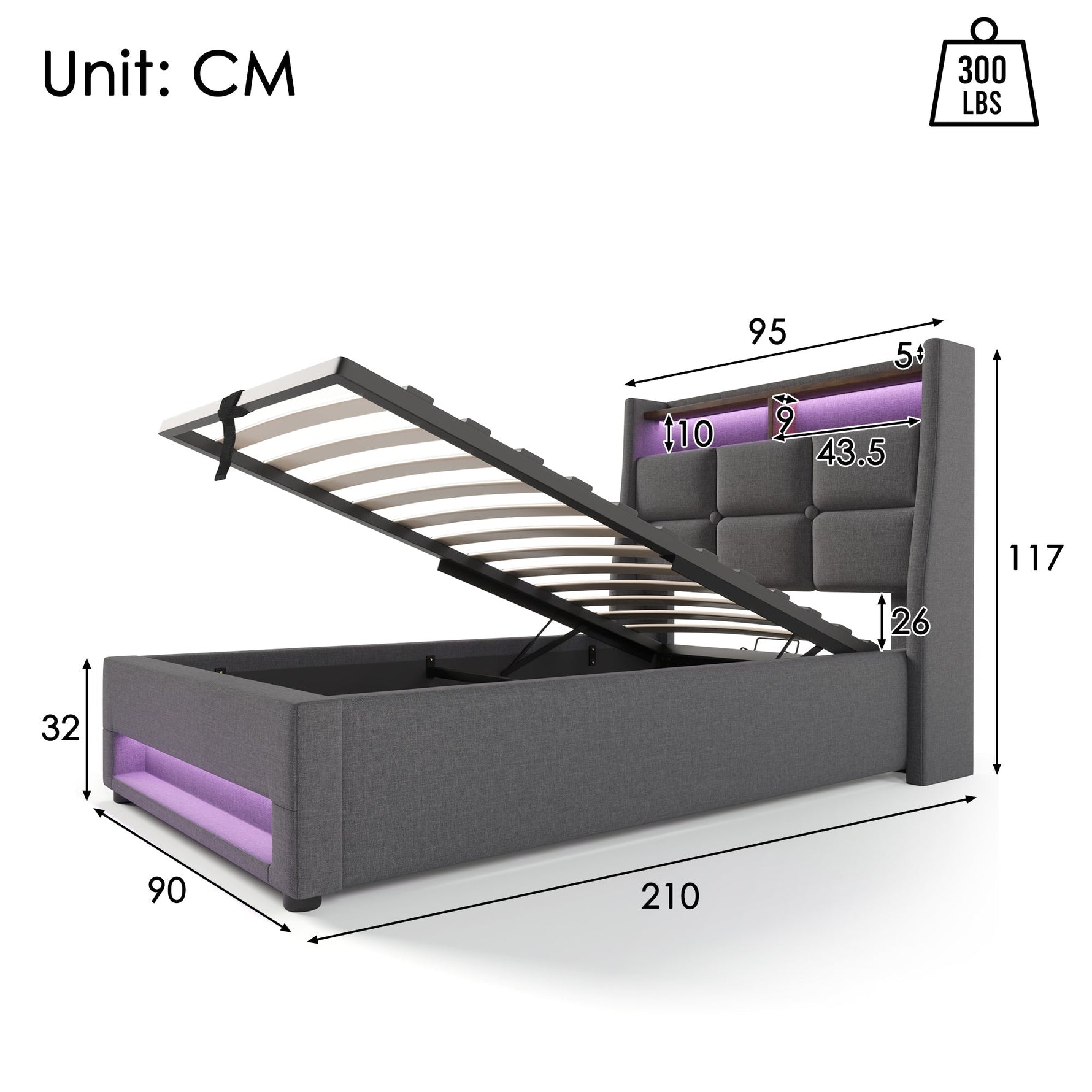Upholstered Single Bed 90x200cm USB LED Metal Frame Linen