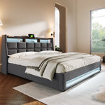 Upholstered Double Bed with USB, LED and Metal Slatted Base, 180x200cm, Grey Linen