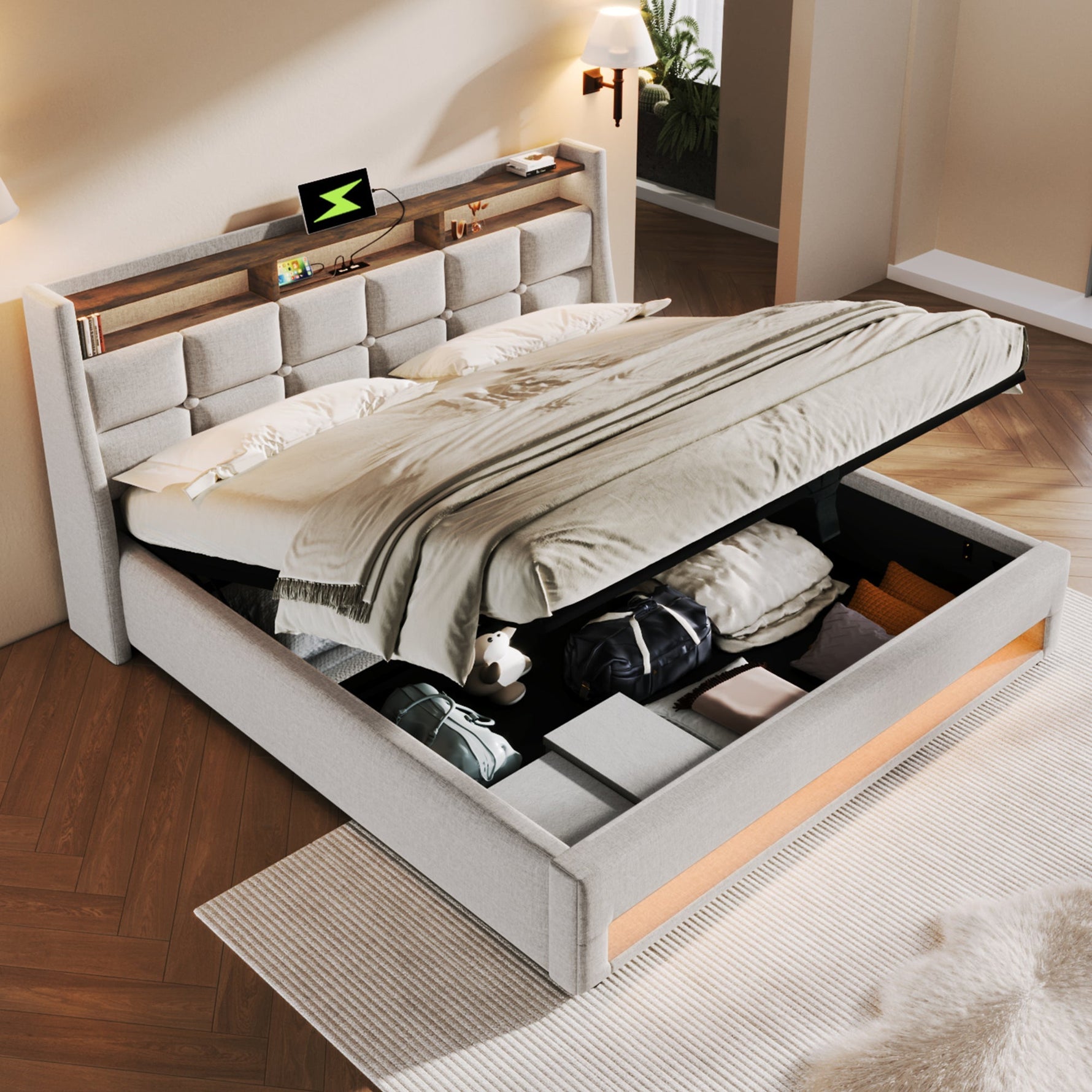 Upholstered Bed 160x200cm LED Double Bed with USB, Metal Frame, Linen Material
