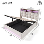 Upholstered Bed 160x200cm LED Double Bed with USB, Metal Frame, Linen Material