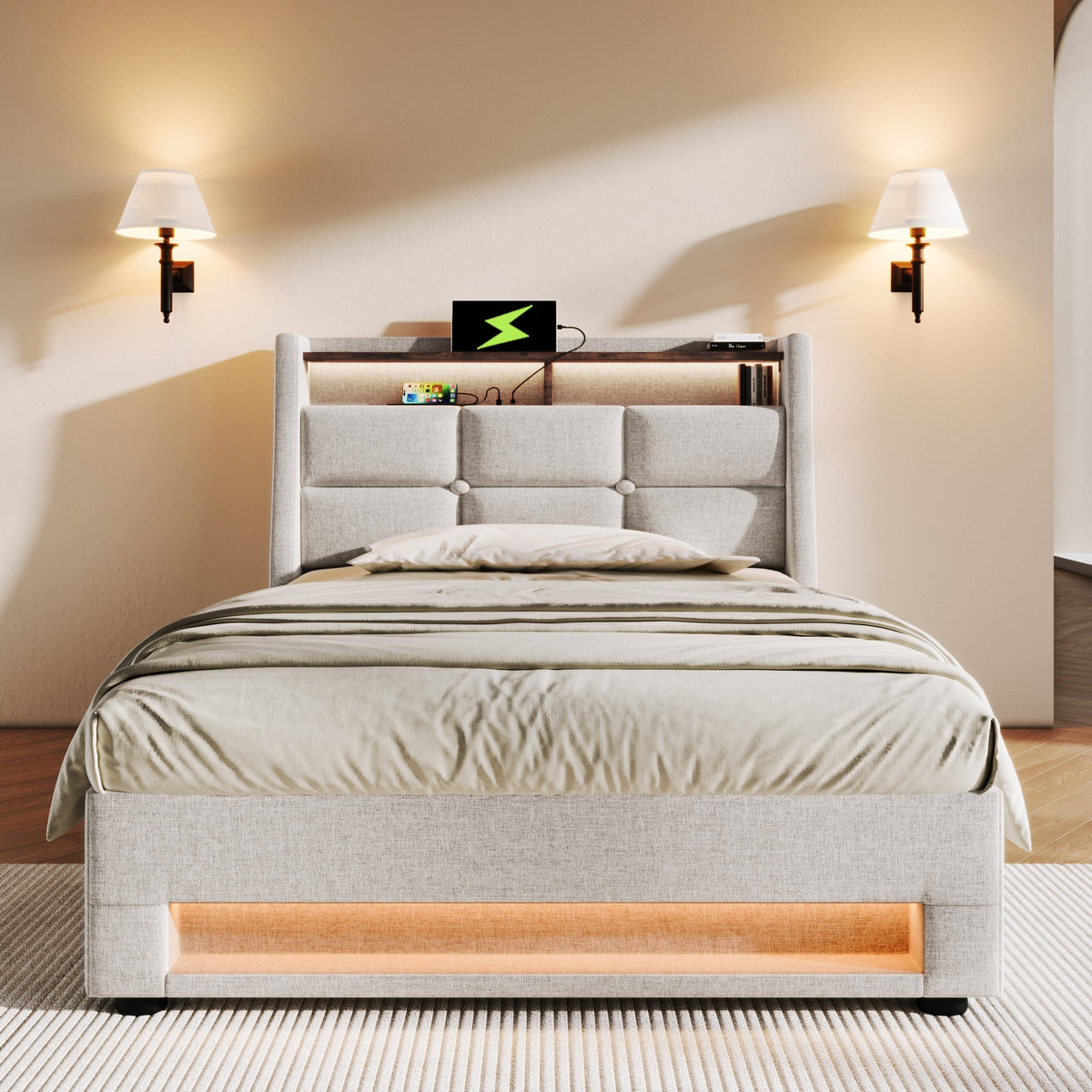 Upholstered Bed 90x200cm, LED Single with USB, Linen