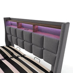 Upholstered Bed 140x200cm LED USB Double Bed Metal Frame, Linen