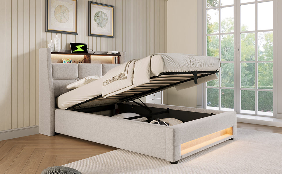 Upholstered Bed 90x200cm, LED Single with USB, Linen