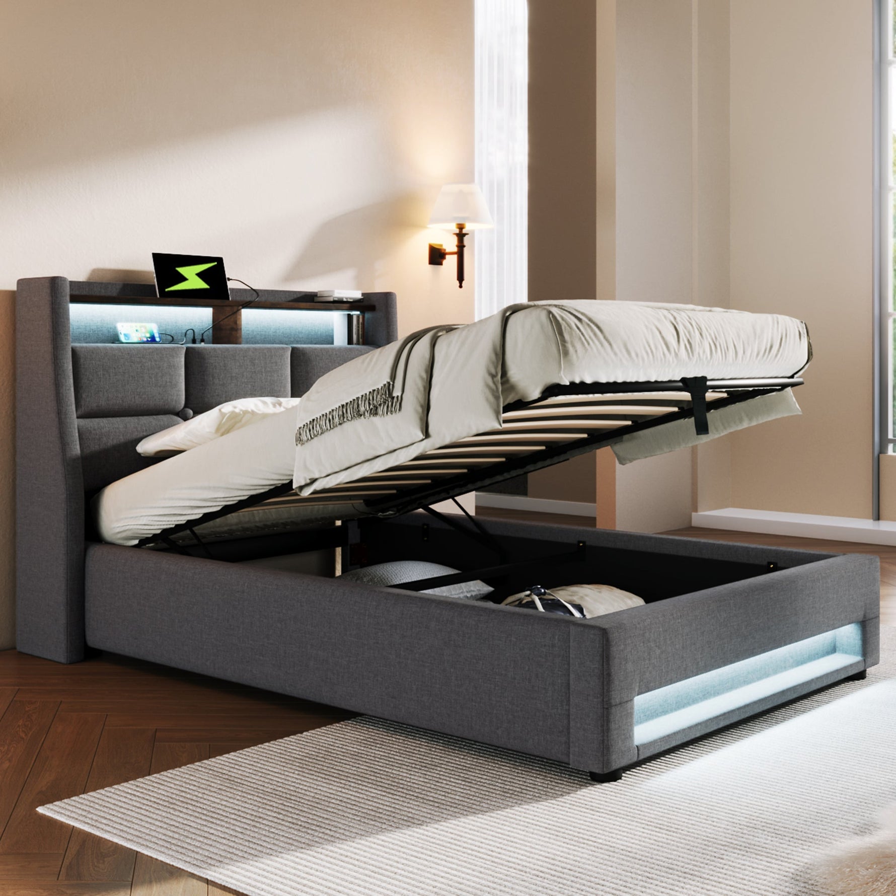 Upholstered Single Bed 90x200cm USB LED Metal Frame Linen
