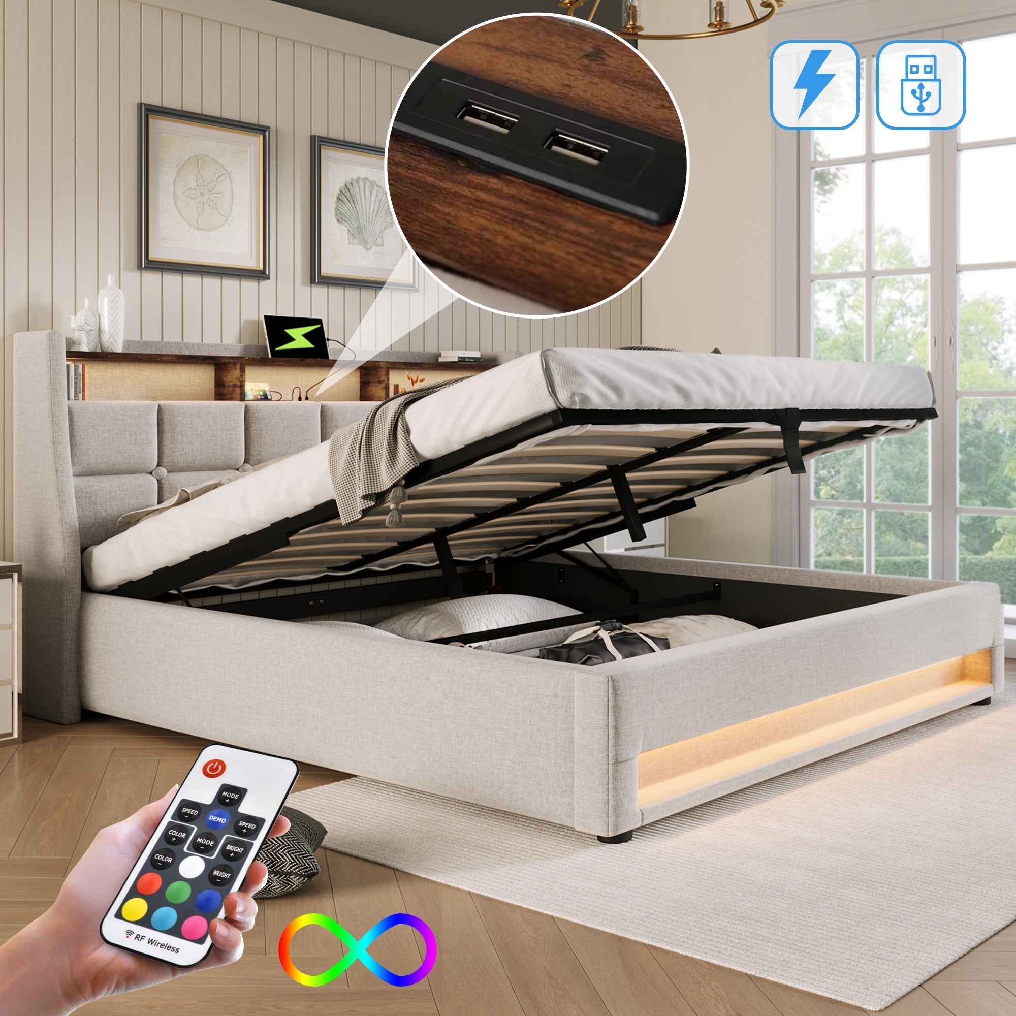 Upholstered Double Bed with USB, LED and Slatted Metal Frame, 180x200cm, Linen