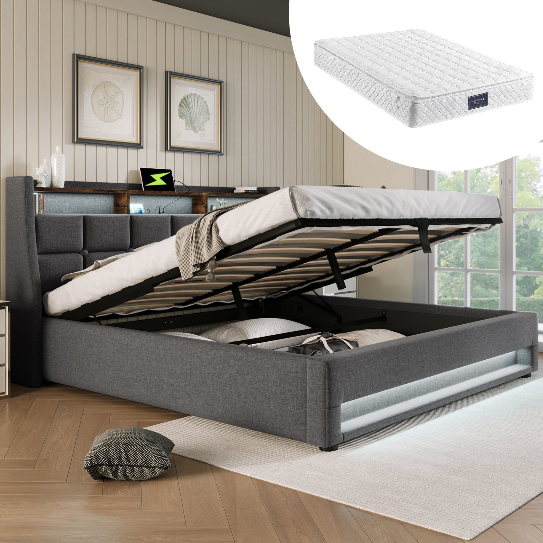 Upholstered Bed, USB LED, Metal Frame, Linen