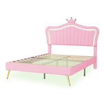 Children's Bed Upholstered 140x200cm LED Lights Slatted Frame, Pink PU Leather