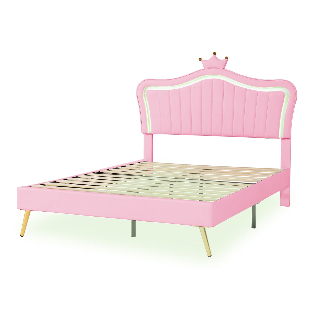 Children's Bed Upholstered 140x200cm LED Lights Slatted Frame, Pink PU Leather