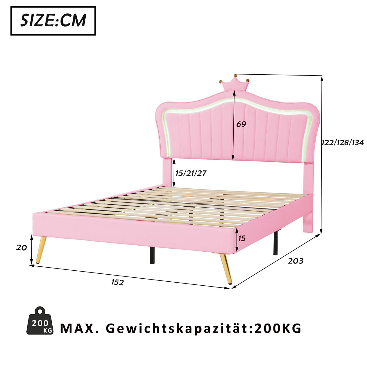 Children's Bed Upholstered 140x200cm LED Lights Slatted Frame, Pink PU Leather