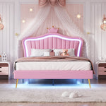 Children's Bed Upholstered 140x200cm LED Lights Slatted Frame, Pink PU Leather
