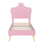 Children's Bed Upholstered Crown Bed Frame with LED Lights & Slatted Frame, Pink PU Leather