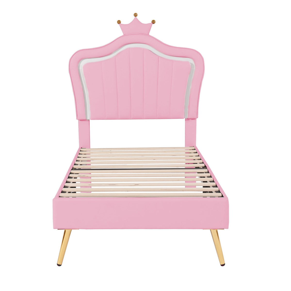 Children's Bed Upholstered Crown Bed Frame with LED Lights & Slatted Frame, Pink PU Leather