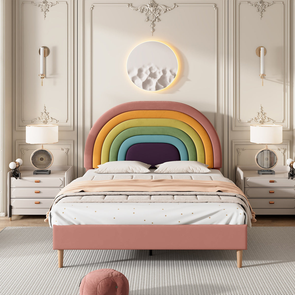 Upholstered Bed 140x200cm Slatted Base Adjustable Headboard - Velvet Pink