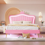 Children's Bed Upholstered 140x200cm LED Lights Slatted Frame, Pink PU Leather