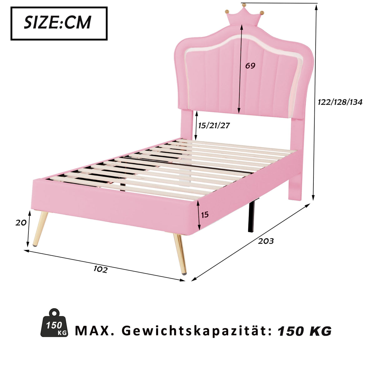 Children's Bed Upholstered Crown Bed Frame with LED Lights & Slatted Frame, Pink PU Leather