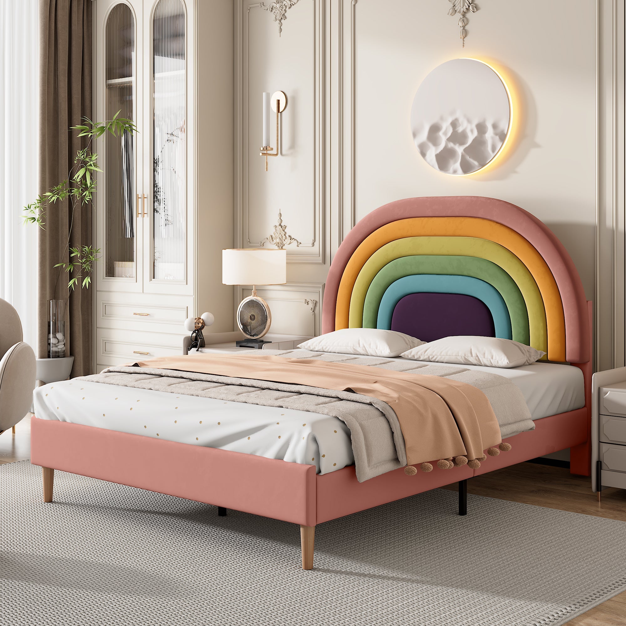 Upholstered Bed 140x200cm Slatted Base Adjustable Headboard - Velvet Pink