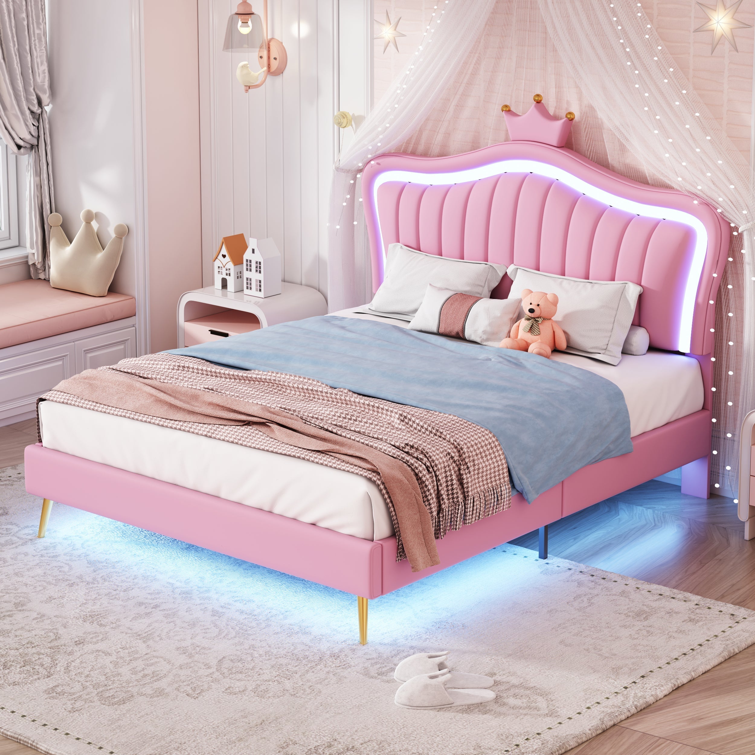 Children's Bed Upholstered 140x200cm LED Lights Slatted Frame, Pink PU Leather