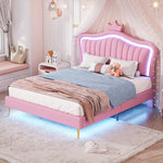Children's Bed Upholstered 140x200cm LED Lights Slatted Frame, Pink PU Leather