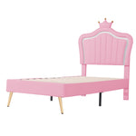 Children's Bed Upholstered Crown Bed Frame with LED Lights & Slatted Frame, Pink PU Leather