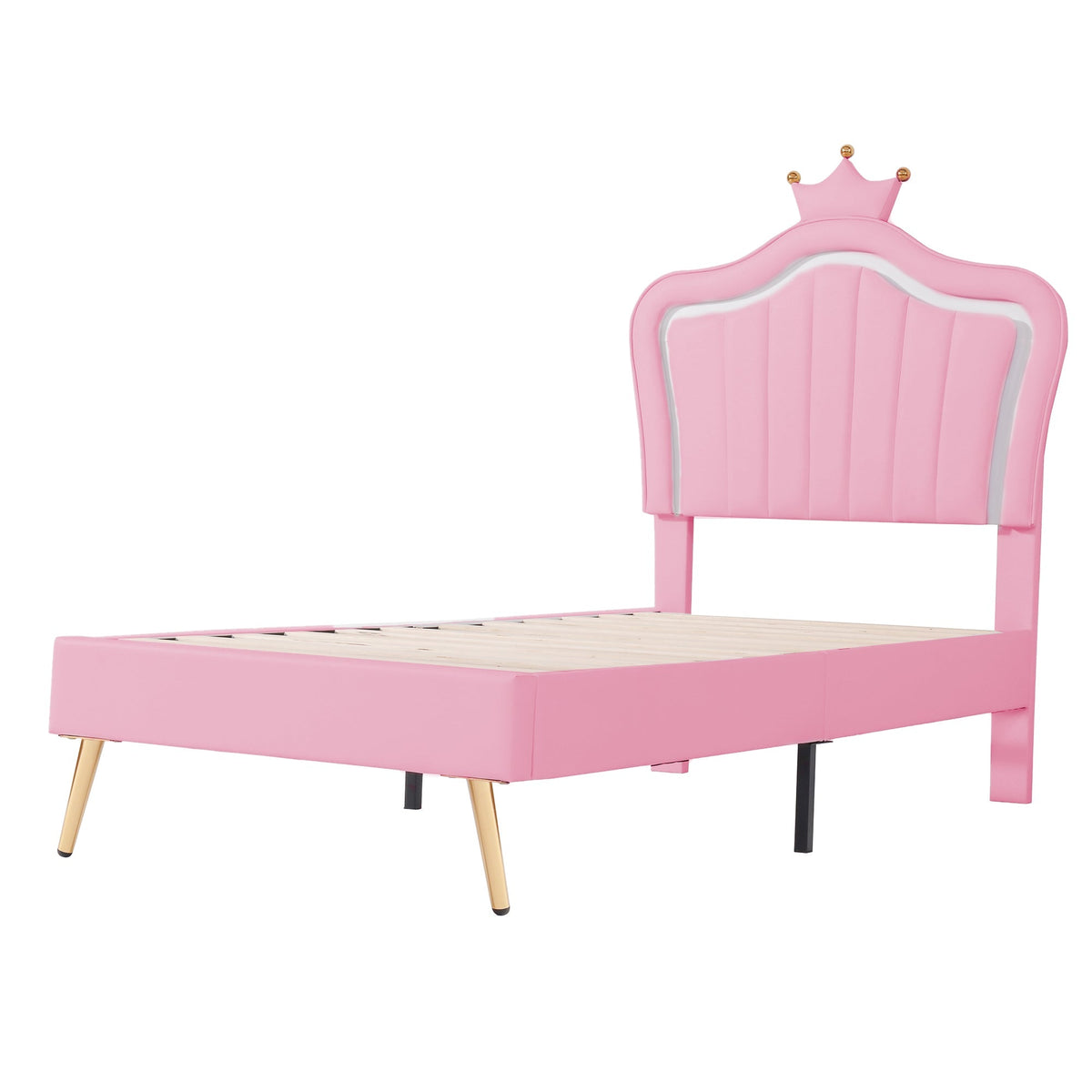 Children's Bed Upholstered Crown Bed Frame with LED Lights & Slatted Frame, Pink PU Leather