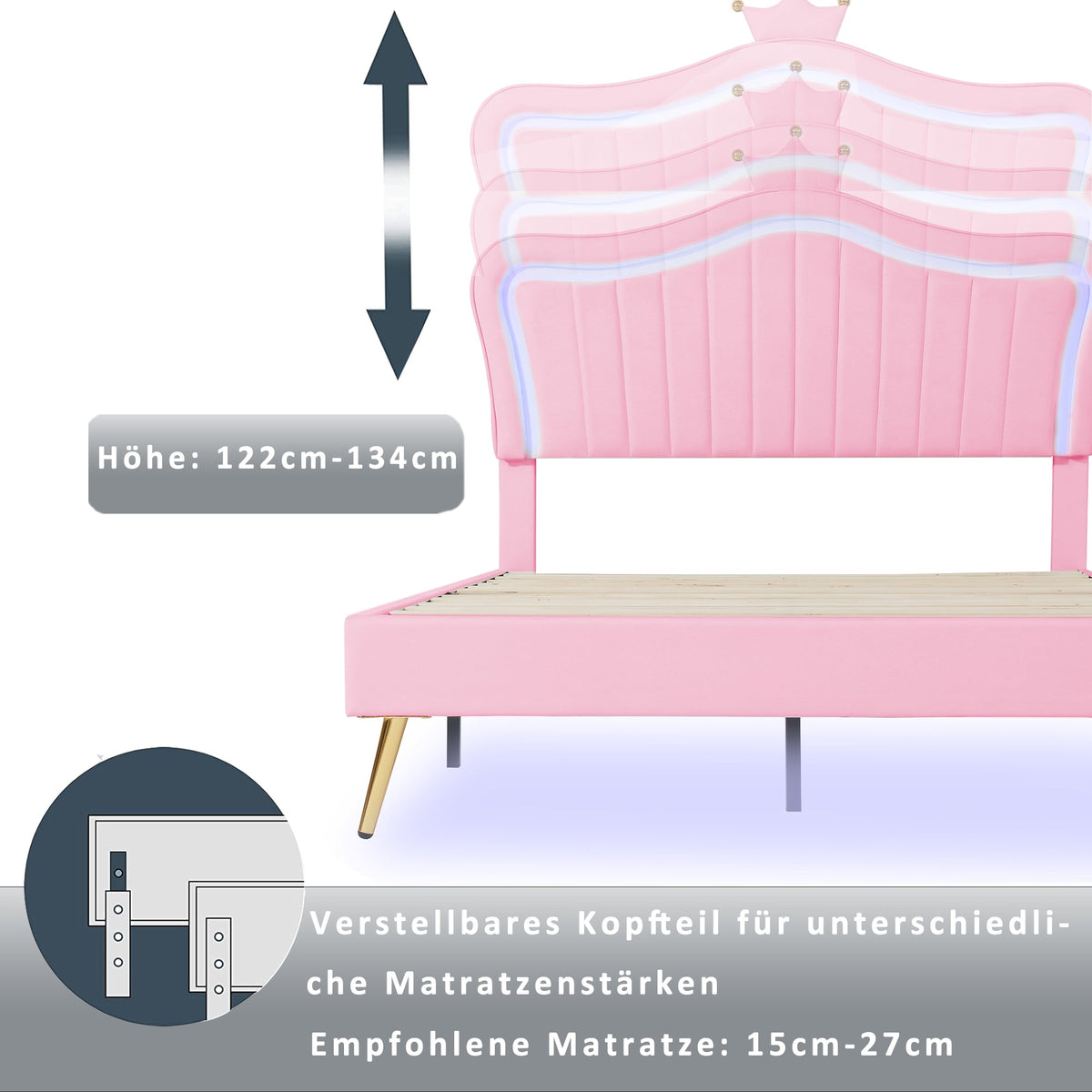 Children's Bed Upholstered 140x200cm LED Lights Slatted Frame, Pink PU Leather
