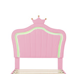 Children's Bed Upholstered Crown Bed Frame with LED Lights & Slatted Frame, Pink PU Leather