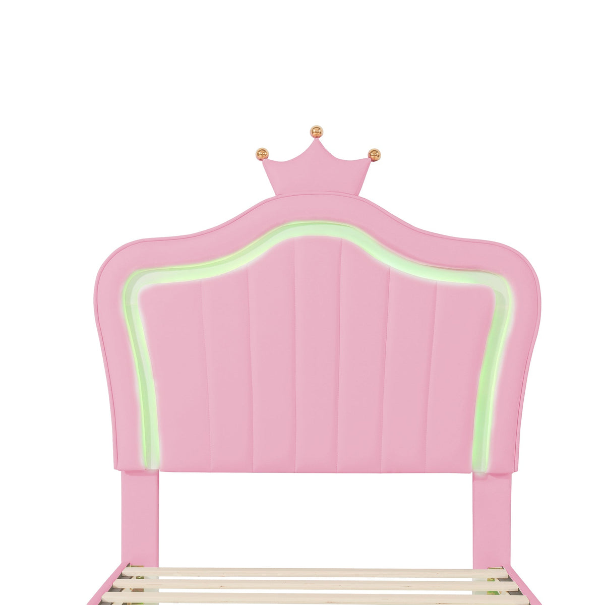 Children's Bed Upholstered Crown Bed Frame with LED Lights & Slatted Frame, Pink PU Leather