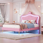 Children's Bed Upholstered 140x200cm LED Lights Slatted Frame, Pink PU Leather