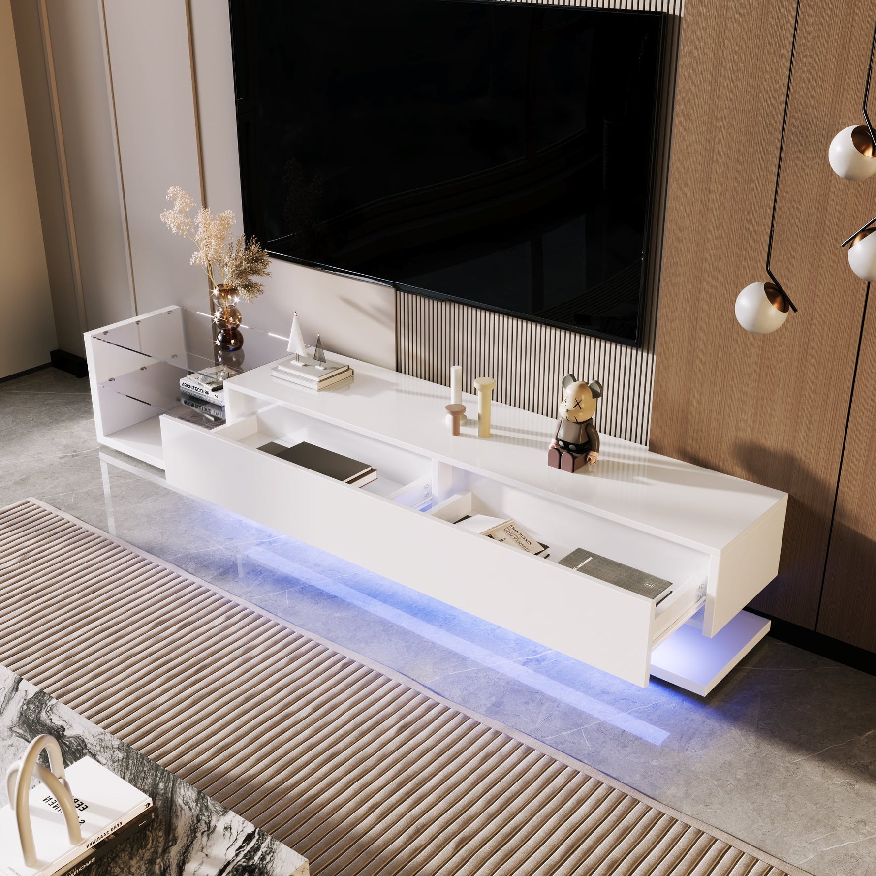 TV Cabinet, Low Panel with Glass Partitions & LED Lighting, High-Gloss White