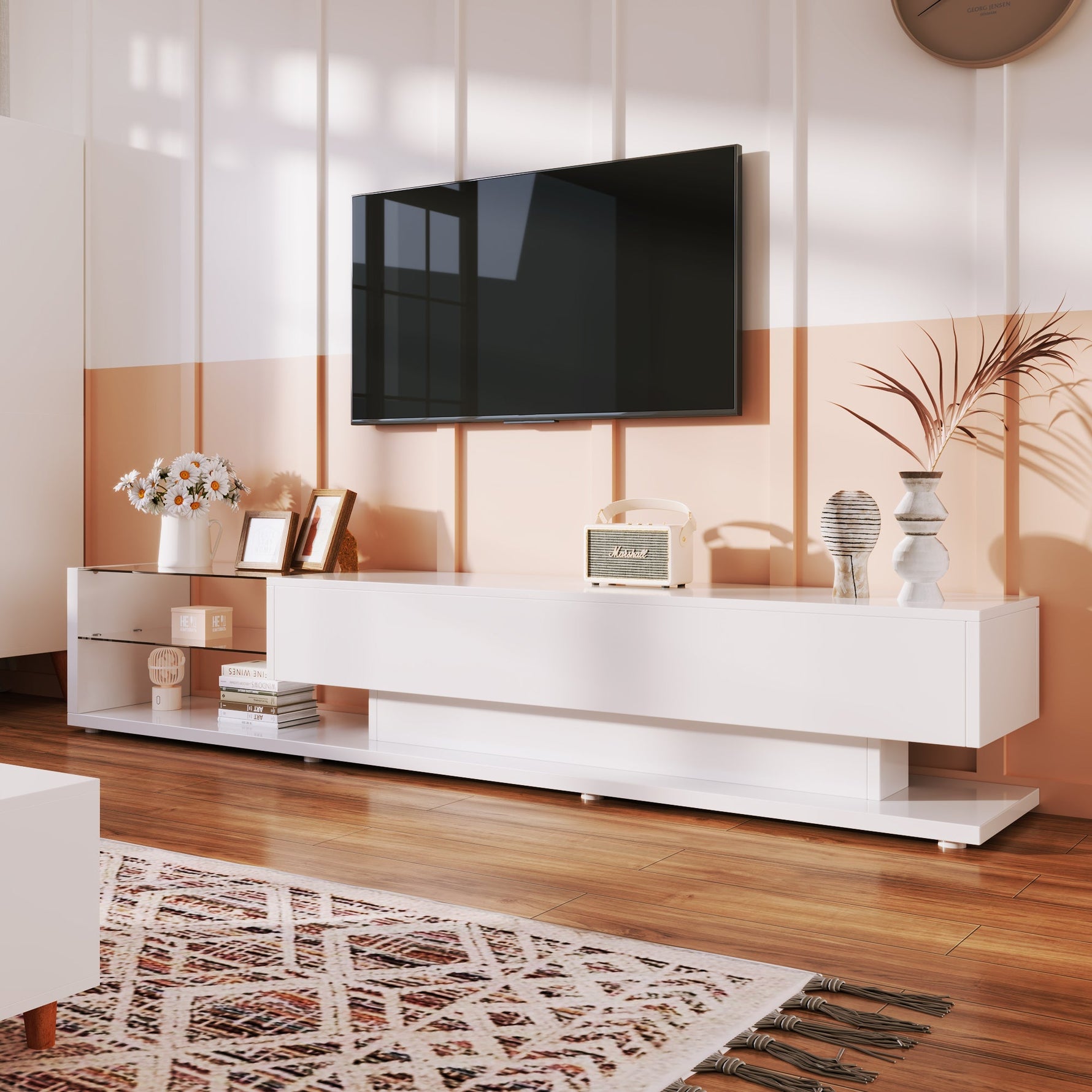 TV Cabinet, Low Panel with Glass Partitions & LED Lighting, High-Gloss White