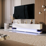 TV Cabinet, Low Panel with Glass Partitions & LED Lighting, High-Gloss White