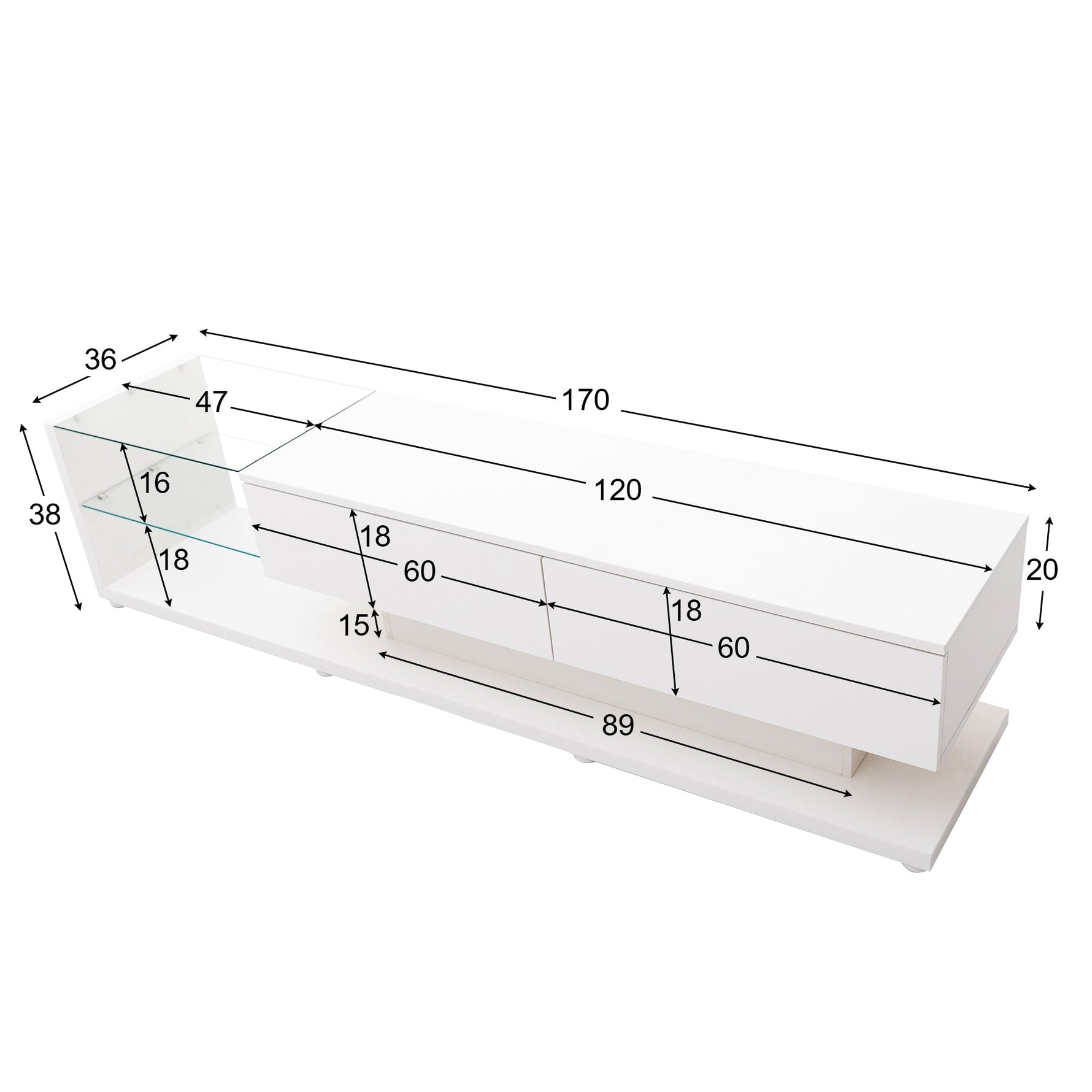 TV Cabinet, Low Panel with Glass Partitions & LED Lighting, High-Gloss White