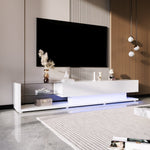 TV Cabinet, Low Panel with Glass Partitions & LED Lighting, High-Gloss White