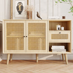 Sideboard with 1 Drawer 2 Rattan Magnetic Doors Adjustable Shelves, Oak