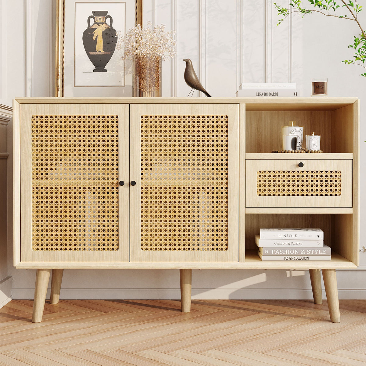 Sideboard with 1 Drawer 2 Rattan Magnetic Doors Adjustable Shelves, Oak