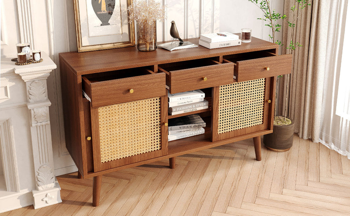 Sideboard 3 Drawer 3 Sliding Door Rattan Weave - Walnut