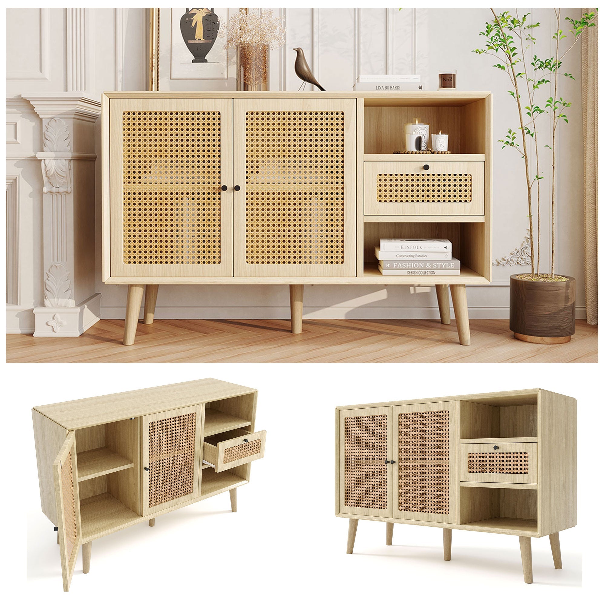 Sideboard with 1 Drawer 2 Rattan Magnetic Doors Adjustable Shelves, Oak