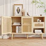 Sideboard with 1 Drawer 2 Rattan Magnetic Doors Adjustable Shelves, Oak