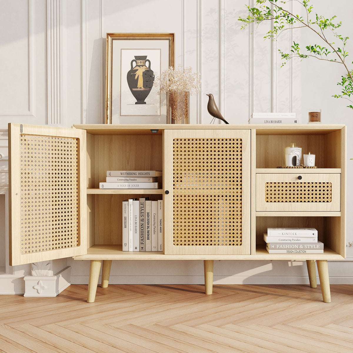 Sideboard with 1 Drawer 2 Rattan Magnetic Doors Adjustable Shelves, Oak
